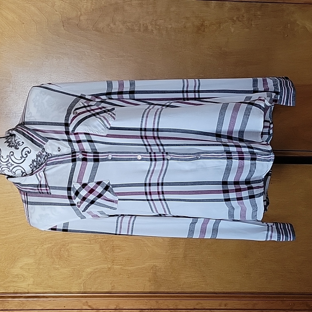 Guess White Button-Down Shirt with Black and Maroon Stripes